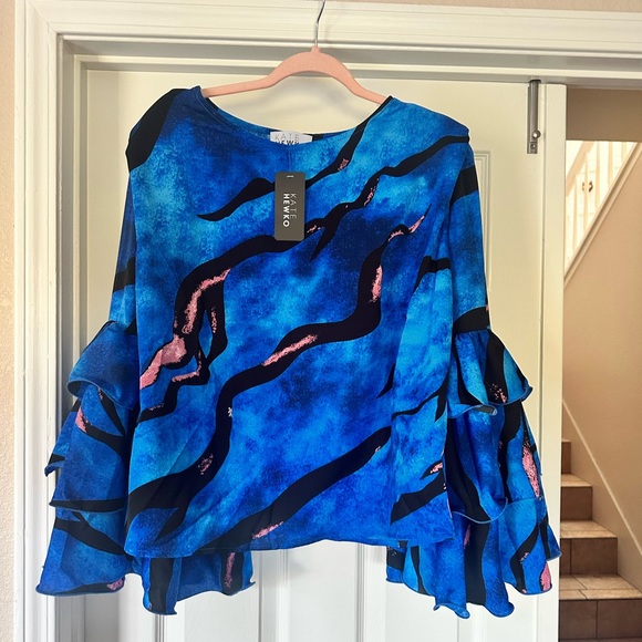 Vibrant Blue Ruffled Women's Blouse - Picture 2 of 5
